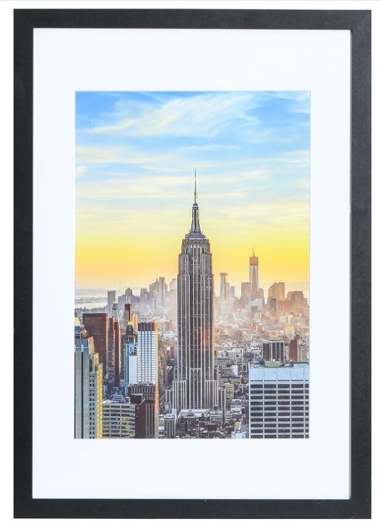 Frame Amo Black 16x24 Picture Frame, 11.5x17.5 White Mat Opening for 12x18 Image, 1 Inch Border, Acrylic Front