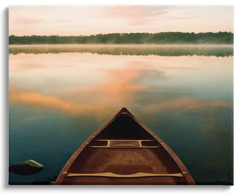 Canoe on Lake Warm Sunrise Water Reflection by Danita Delimont Unframed Nature Art Print 40 in. x 30 in.