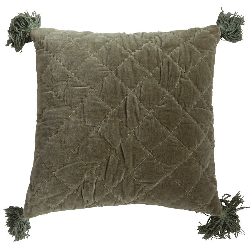 20" Square Quilted Cotton Velvet Pillow with Kantha Stitch & Tassels, Green